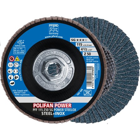 Pferd Flap Disc, 4-1/2''x5/8-11, Z SG POWER STEELOX, 50 Grit, T27, Flat, Zirconia 64556